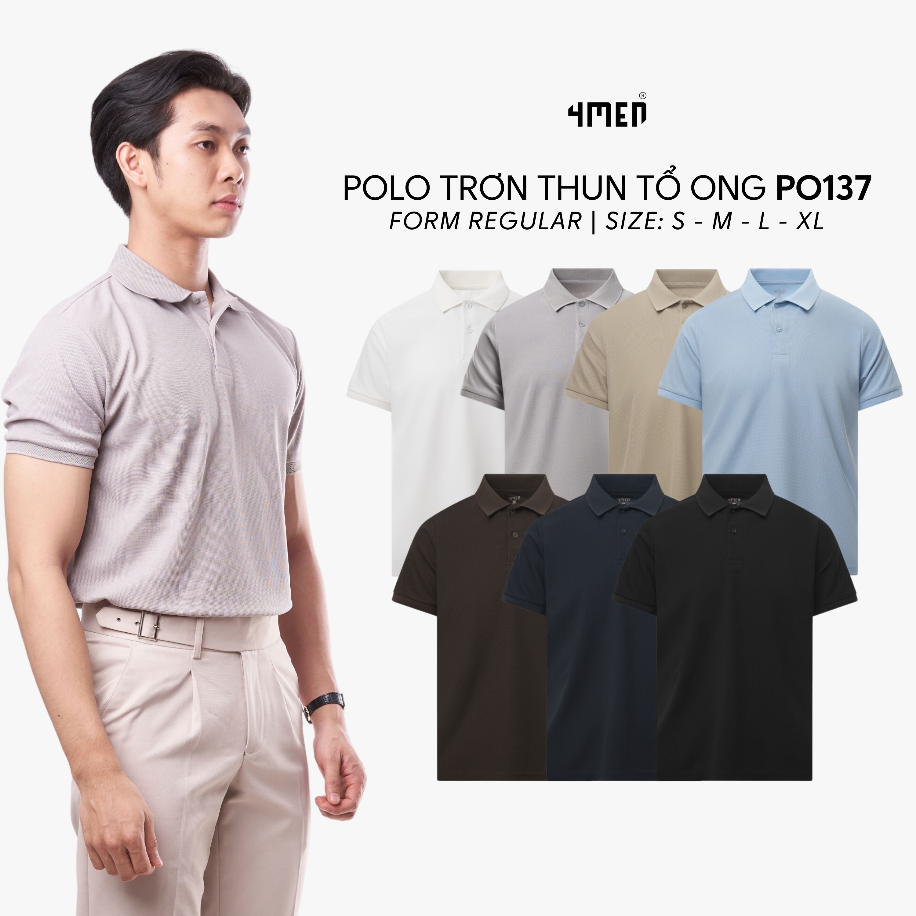 Mô tả Áo polo nam trơn basic 4MEN PO137 vải tổ ong thấm hút mồ hôi, thoáng mát, mềm chống nhăn, co giãn - 1