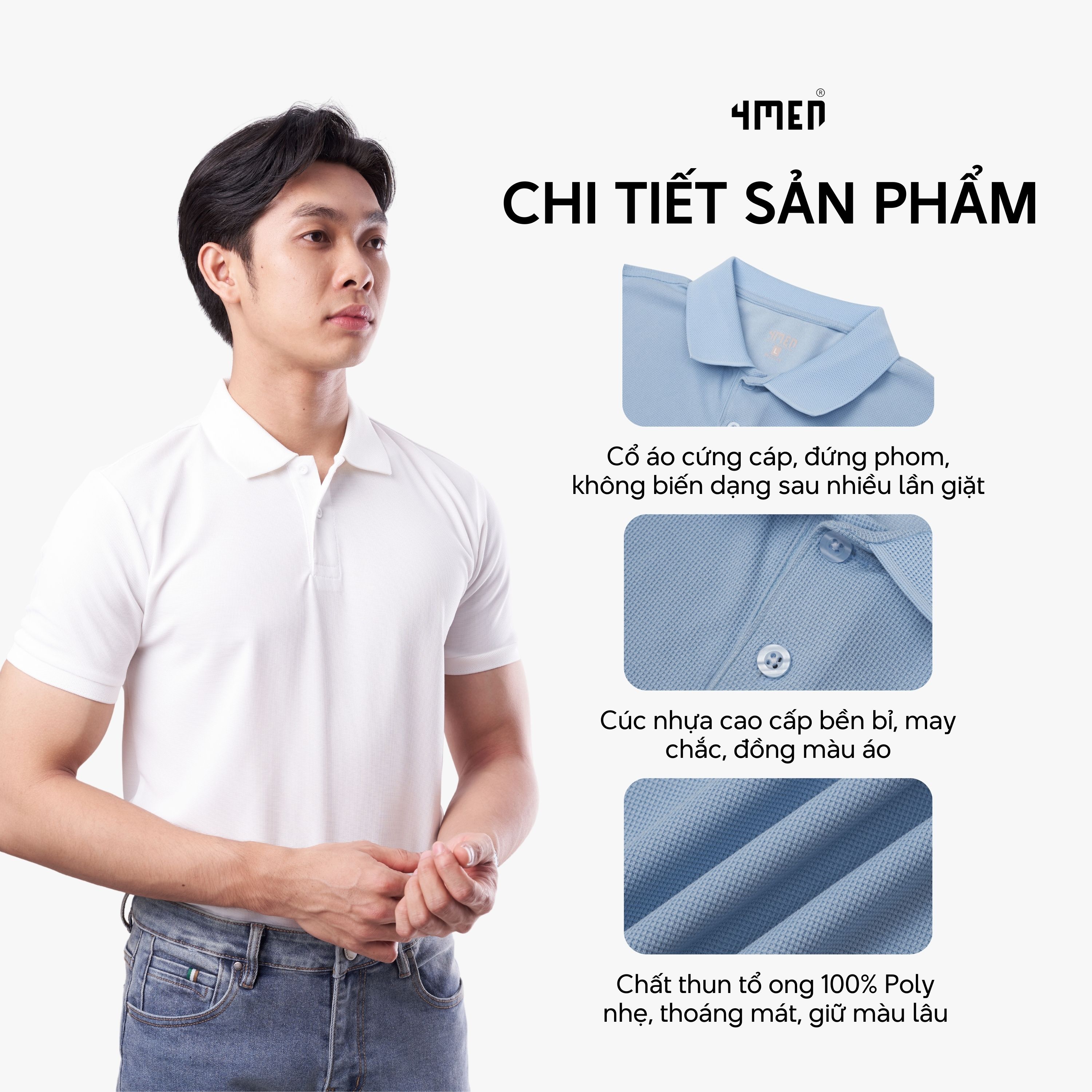 Mô tả Áo polo nam trơn basic 4MEN PO137 vải tổ ong thấm hút mồ hôi, thoáng mát, mềm chống nhăn, co giãn - 2