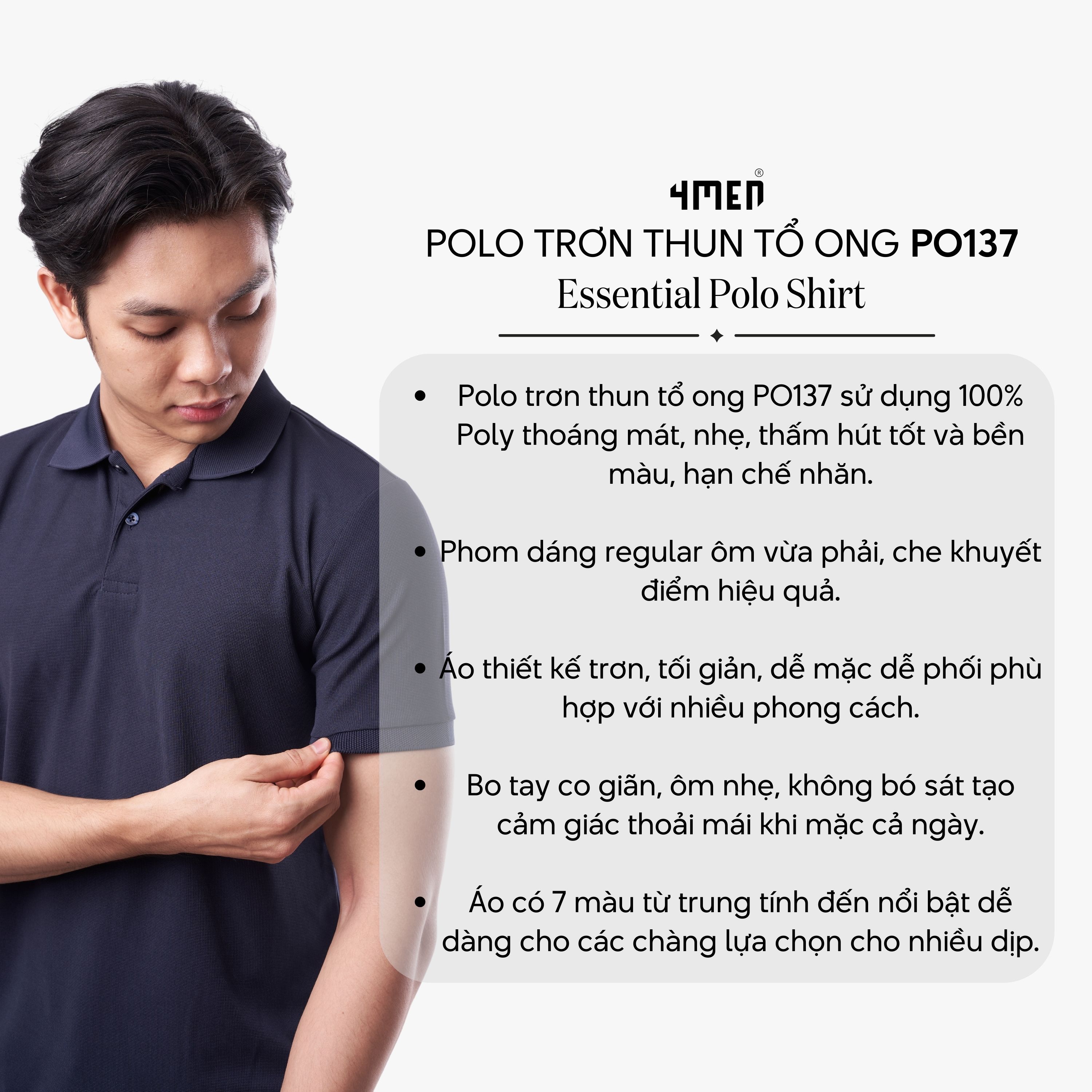 Mô tả Áo polo nam trơn basic 4MEN PO137 vải tổ ong thấm hút mồ hôi, thoáng mát, mềm chống nhăn, co giãn - 3