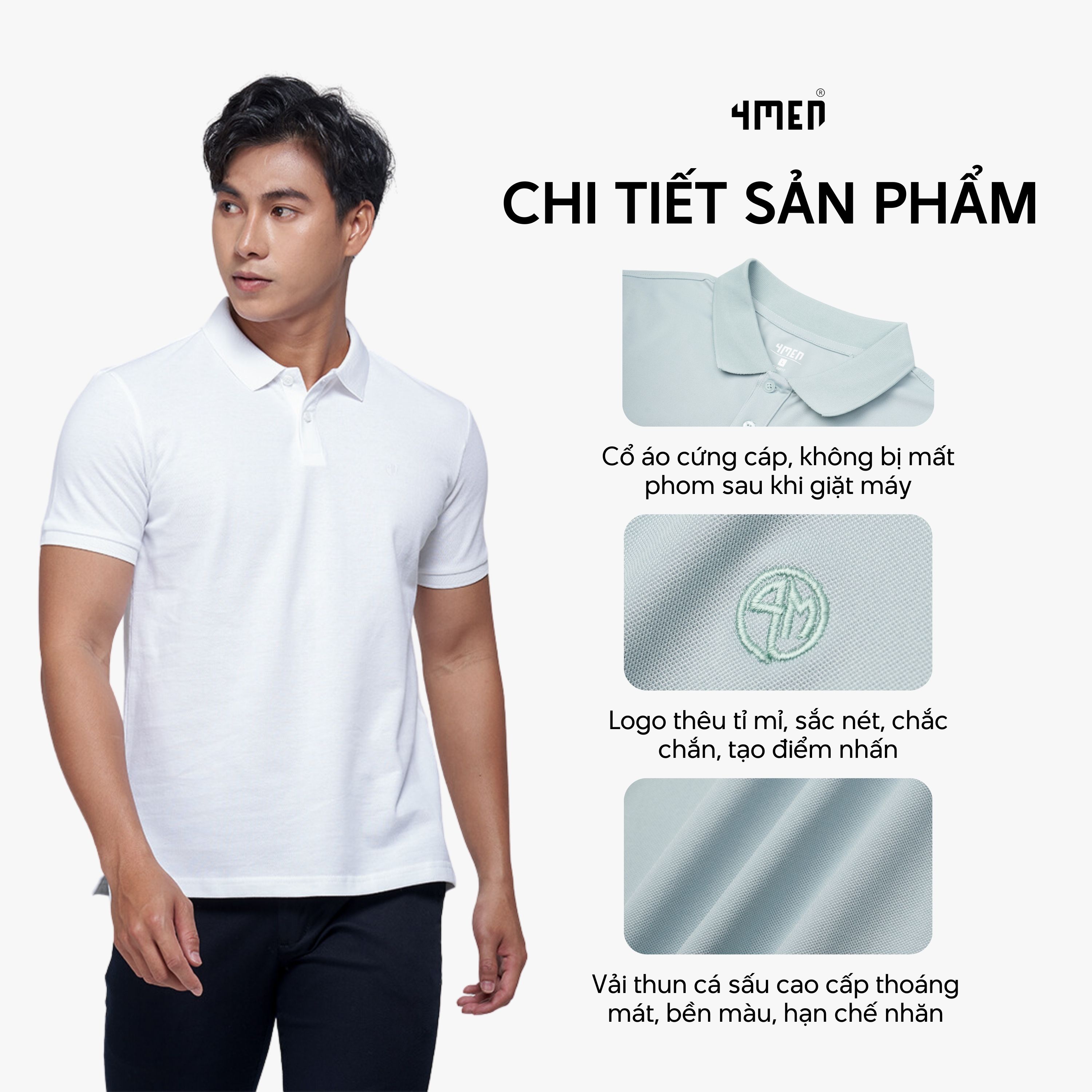 Mô tả Áo thun polo nam trơn 4MEN PO153 có cổ bẻ basic form slimfit ôm đẹp trẻ trung, vải cá sấu chống nhăn mềm mịn mát giá rẻ - 2