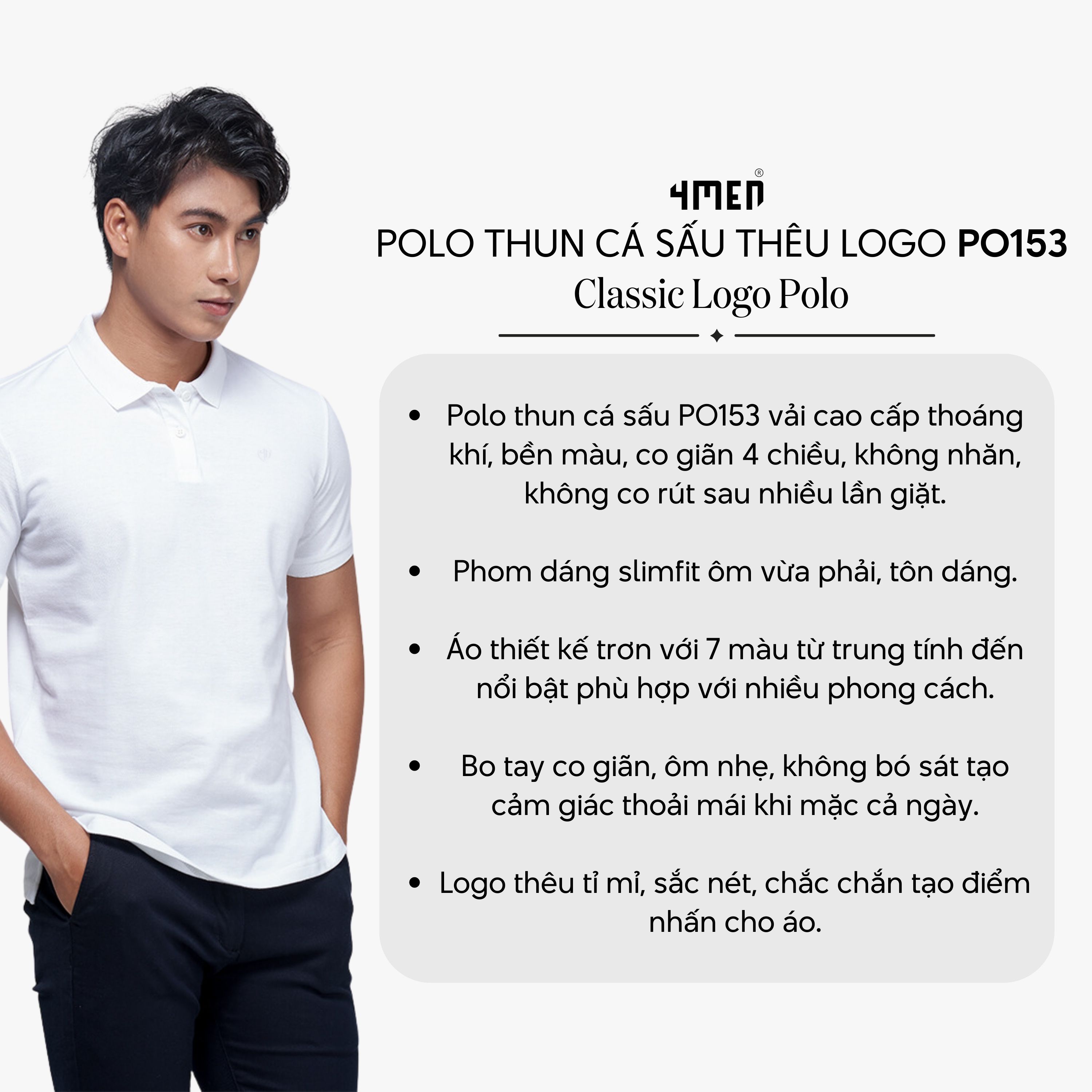 Mô tả Áo thun polo nam trơn 4MEN PO153 có cổ bẻ basic form slimfit ôm đẹp trẻ trung, vải cá sấu chống nhăn mềm mịn mát giá rẻ - 3