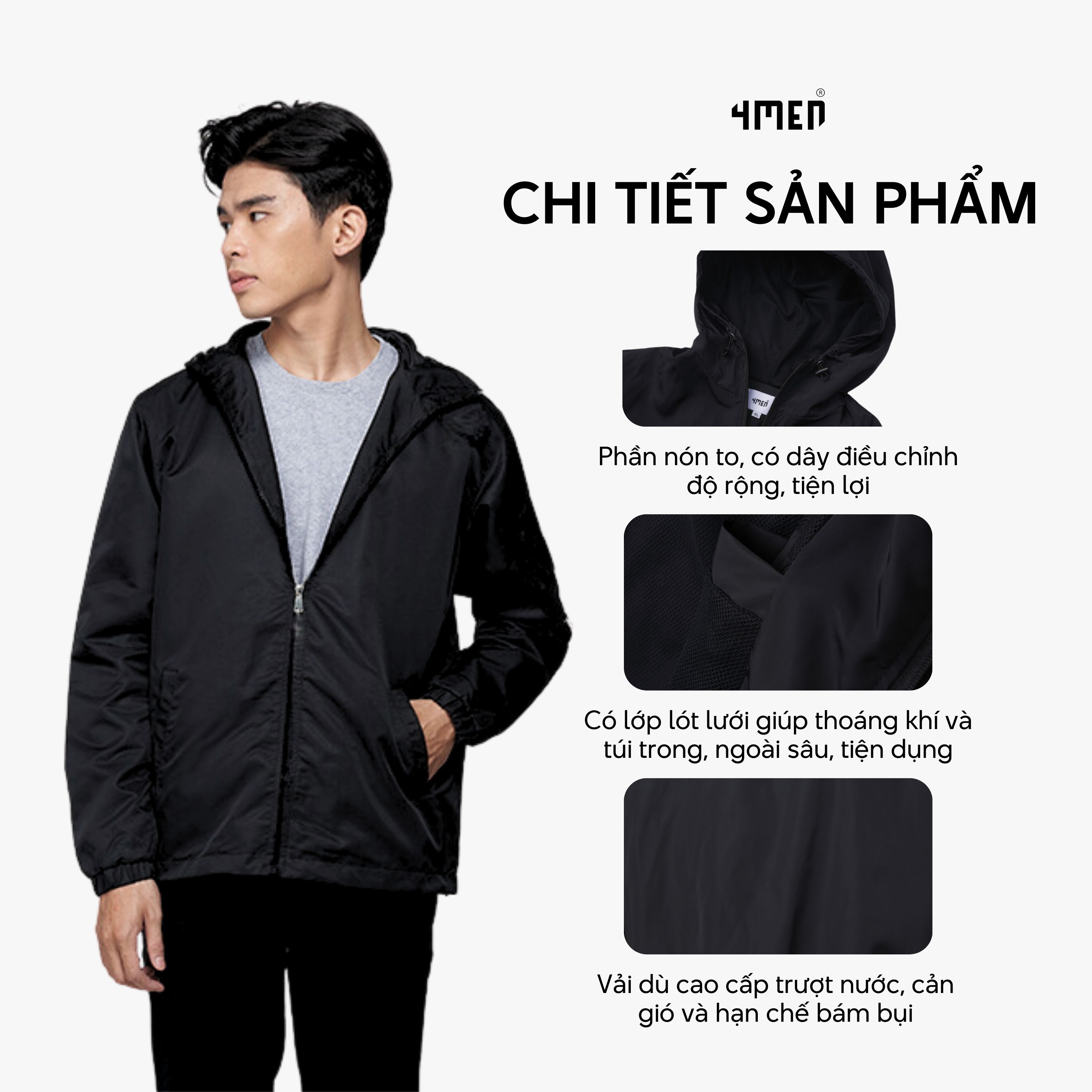 Mô tả Áo khoác dù (gió) nam có nón 4MEN AK069 vải đẹp cao cấp, may trơn 2 lớp dày vừa phải, chống thấm cản gió thoáng khí - 2