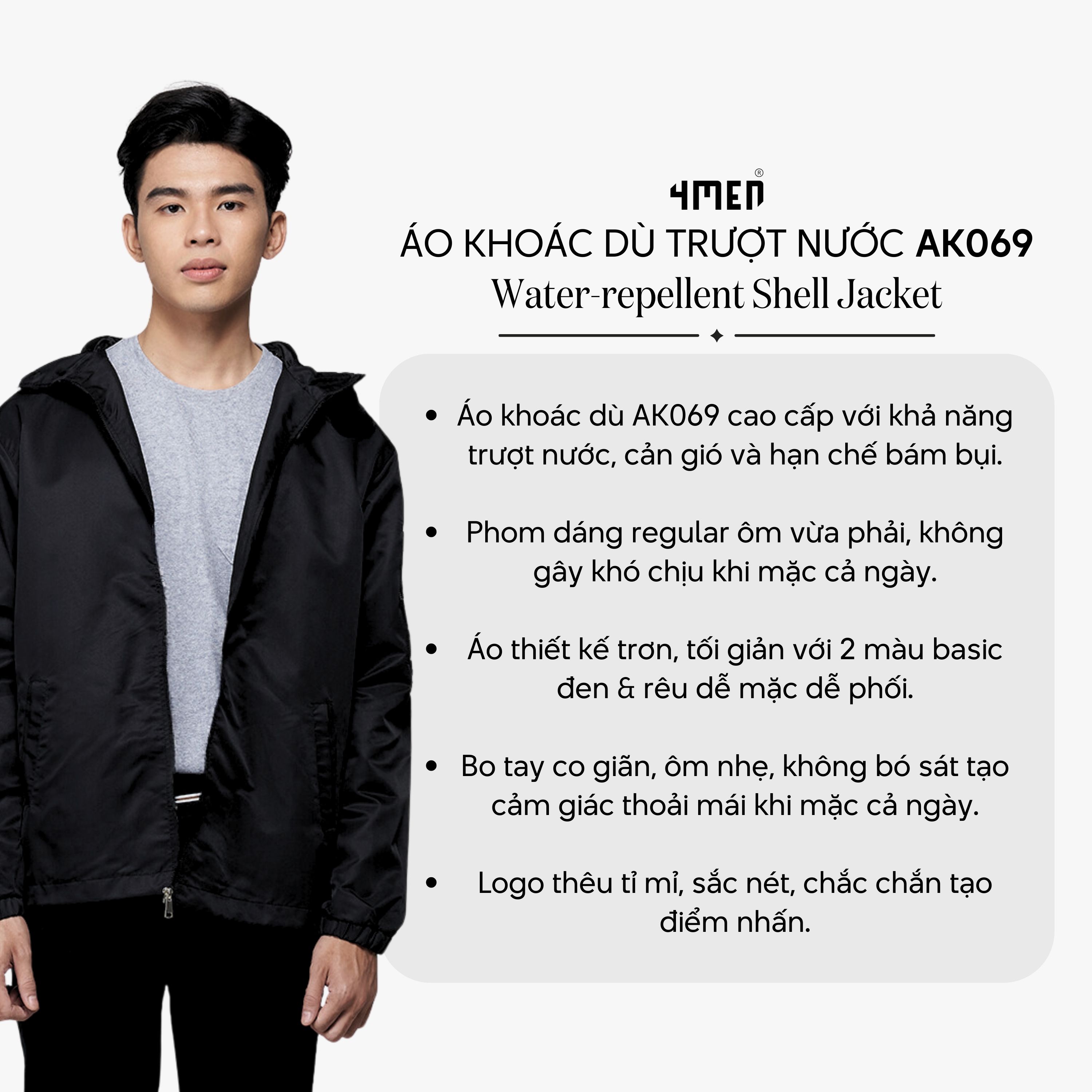 Mô tả Áo khoác dù (gió) nam có nón 4MEN AK069 vải đẹp cao cấp, may trơn 2 lớp dày vừa phải, chống thấm cản gió thoáng khí - 3