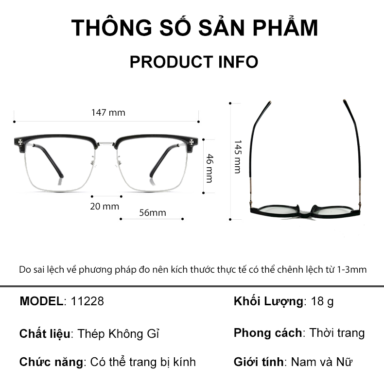 Mô tả Gọng kính cận nửa viền thời trang nam nữ ANDU dáng vuông chống tia UV chất liệu kim loại - 11228 - 2