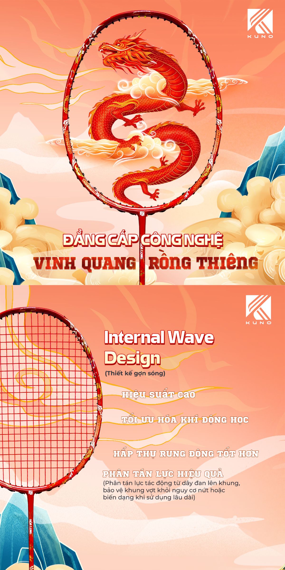 Mô tả Vợt cầu lông KUNO Hỏa Long Thiên Công, Hàng Chính Hãng,4U, Thân Cứng, CarbonT700 Cao Cấp - 2