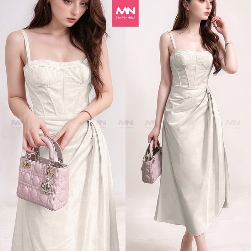 Mô tả Đầm dự tiệc thương hiệu Đầm Váy Mina thiết kế hai dây dáng xoè midi chất liệu Linen MN241 - 1