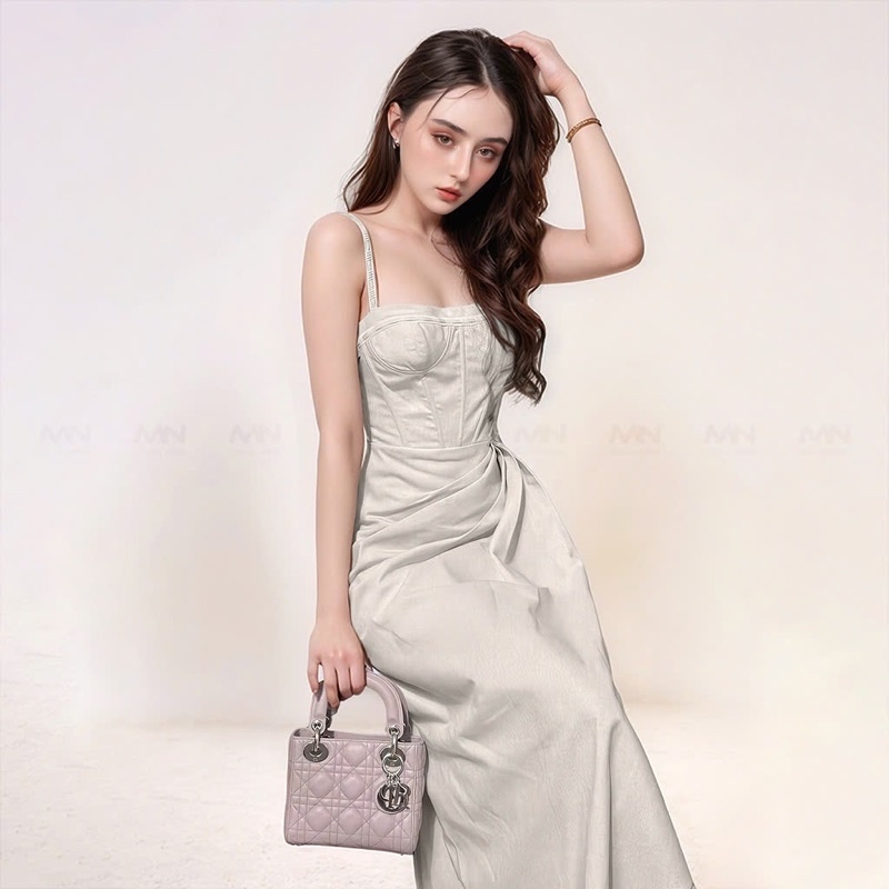 Mô tả Đầm dự tiệc thương hiệu Đầm Váy Mina thiết kế hai dây dáng xoè midi chất liệu Linen MN241 - 2