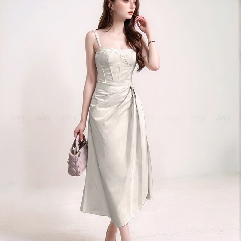Mô tả Đầm dự tiệc thương hiệu Đầm Váy Mina thiết kế hai dây dáng xoè midi chất liệu Linen MN241 - 3