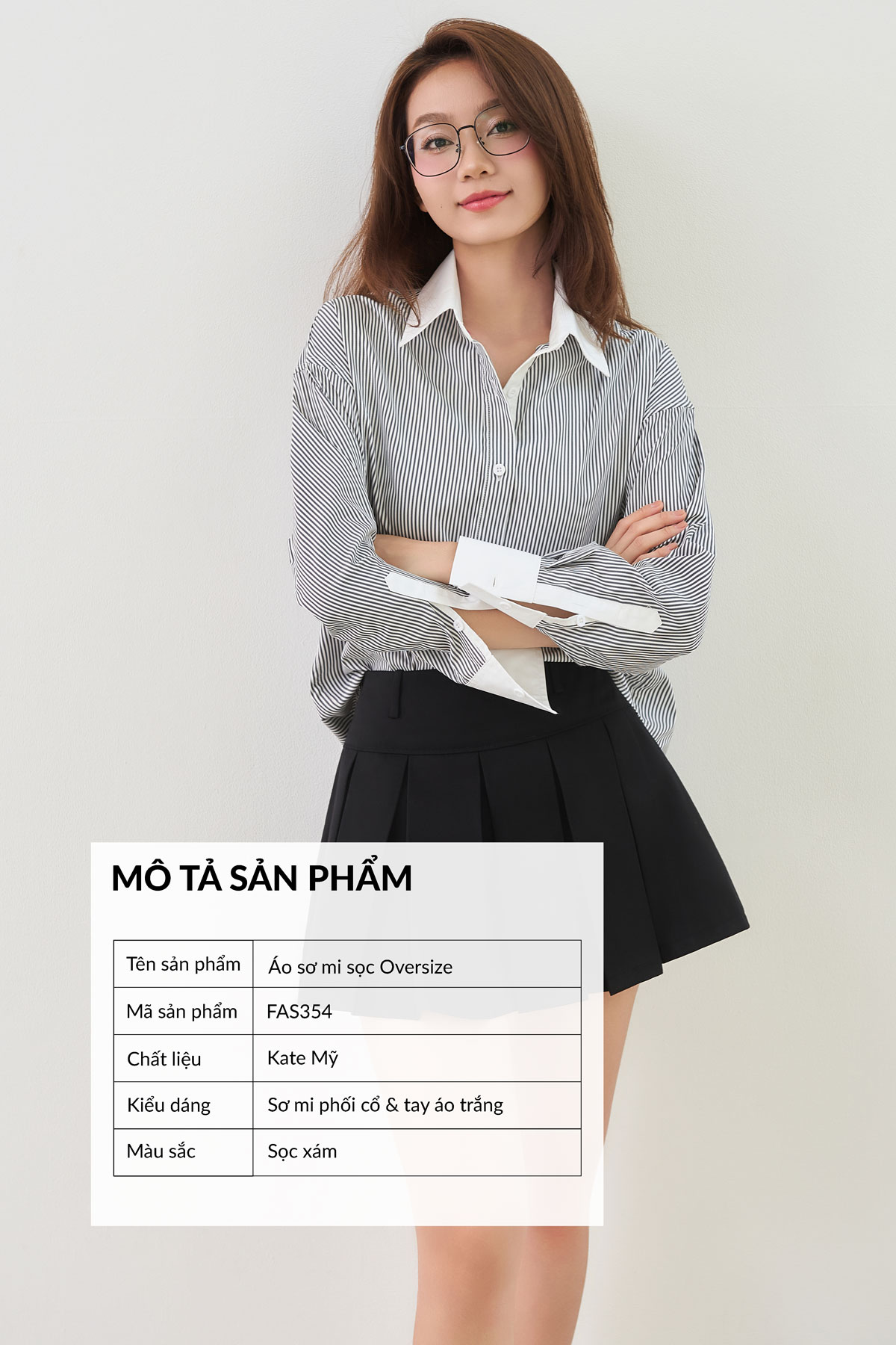 Mô tả Áo sơ mi kẻ sọc nữ GILLEE phối cổ và tay áo trắng, dáng oversized, sơ mi form rộng vải kate Mỹ FAS354 - 1