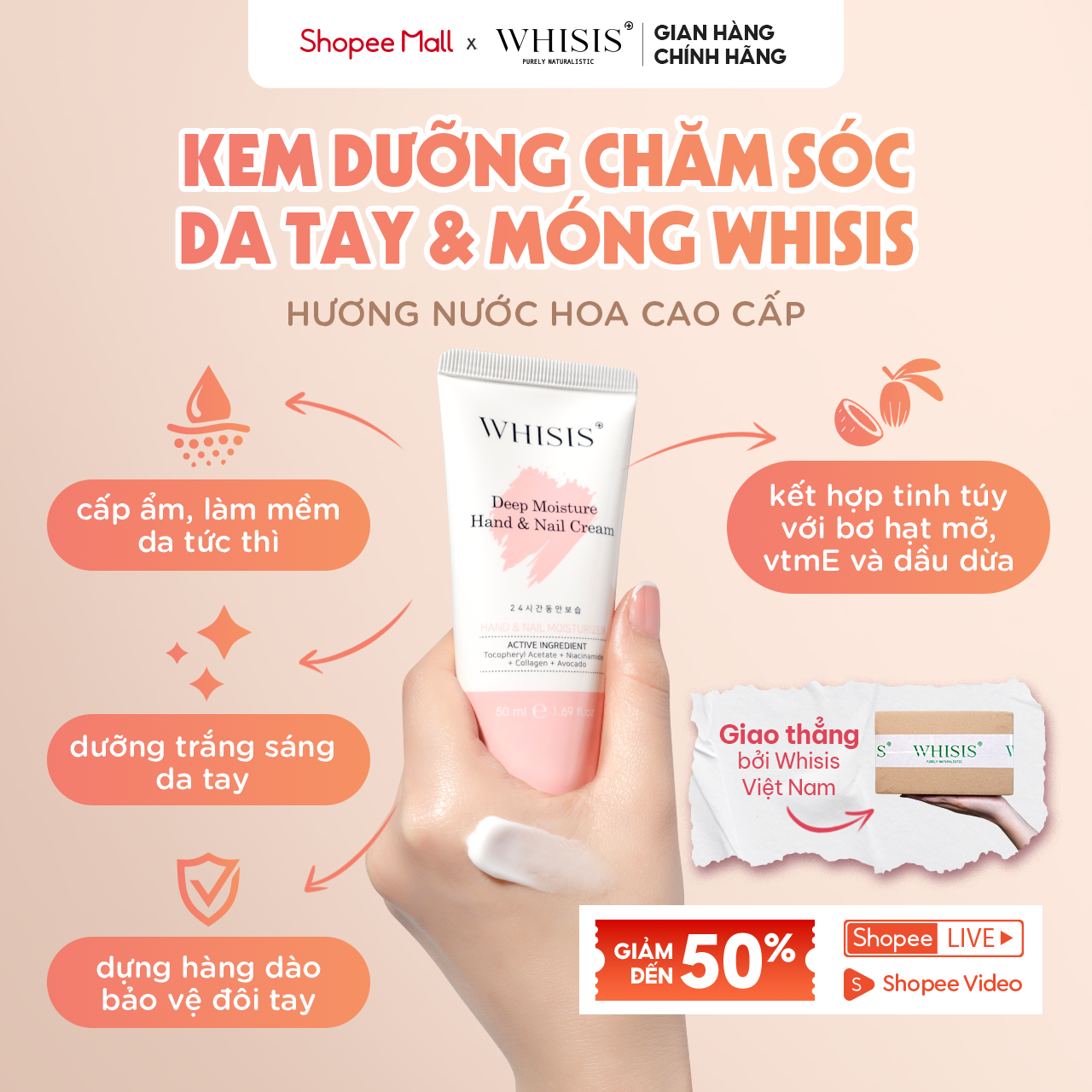 Mô tả Kem Dưỡng Da Tay & Móng Mềm Mịn Hương Nước Hoa Whisis Deep Moisture Hand & Nail Cream Dưỡng Ẩm Dưỡng Sáng Phục Hồi 50ml - 1