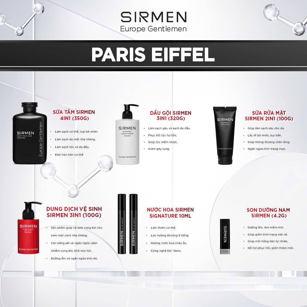 Mô tả Giftbox combo 6 PARIS EIFFEL SIRMEN  Sữa tắm nam - Nước hoa nam - Dầu gội - Dung dịch vệ sinh - Sữa rửa mặt - Son dưỡng - 1