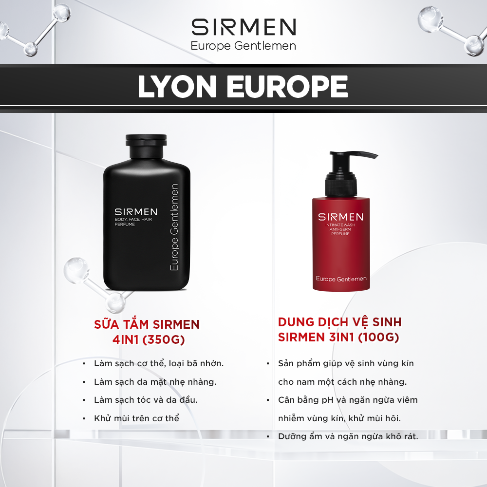 Mô tả Combo LYON EUROPE gồm Sữa tắm gội nam 350g & Dung dịch vệ sinh nam 100g nguyên liệu châu Âu SIRMEN Europe Gentlemen - 2