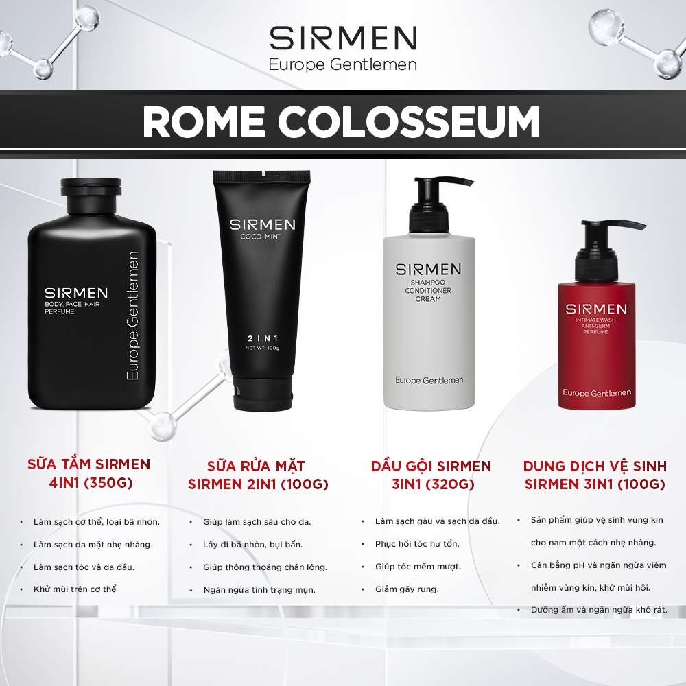 Mô tả Giftbox ROME COLOSSEUM SIRMEN Europe gồm Sữa tắm gội nam - Dầu gội nam - Dung dịch vệ sinh và Sữa rửa mặt nam - 1
