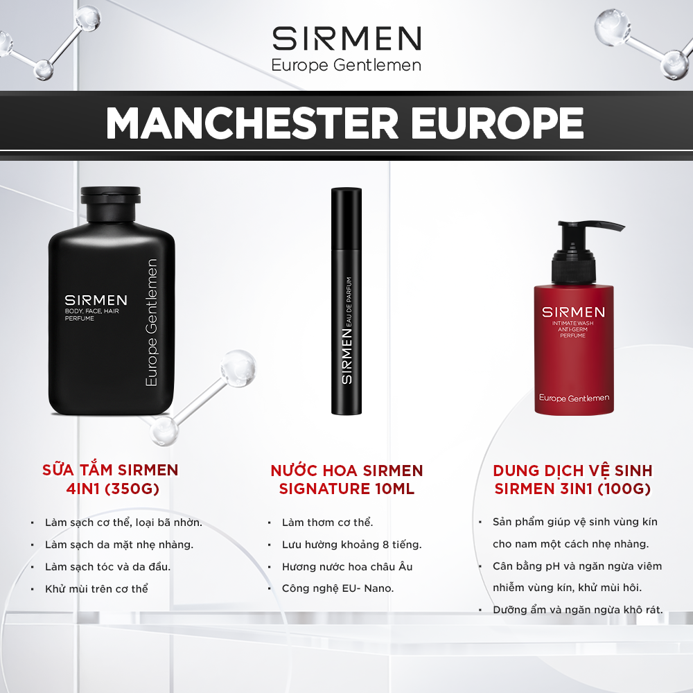 Mô tả Combo MANCHESTER EUROPE Gồm Sữa tắm 350g, Nước hoa nam 10ml và Dung dịch vệ sinh nam 100g Sirmen Europe Gentlemen - 1