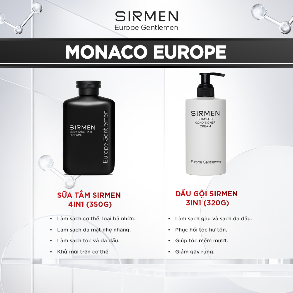 Mô tả Combo MONACO EUROPE gồm Sữa tắm gội nam 350g và Dầu gội nam 320g nguyên liệu châu Âu SIRMEN Europe Gentlemen cao cấp - 2