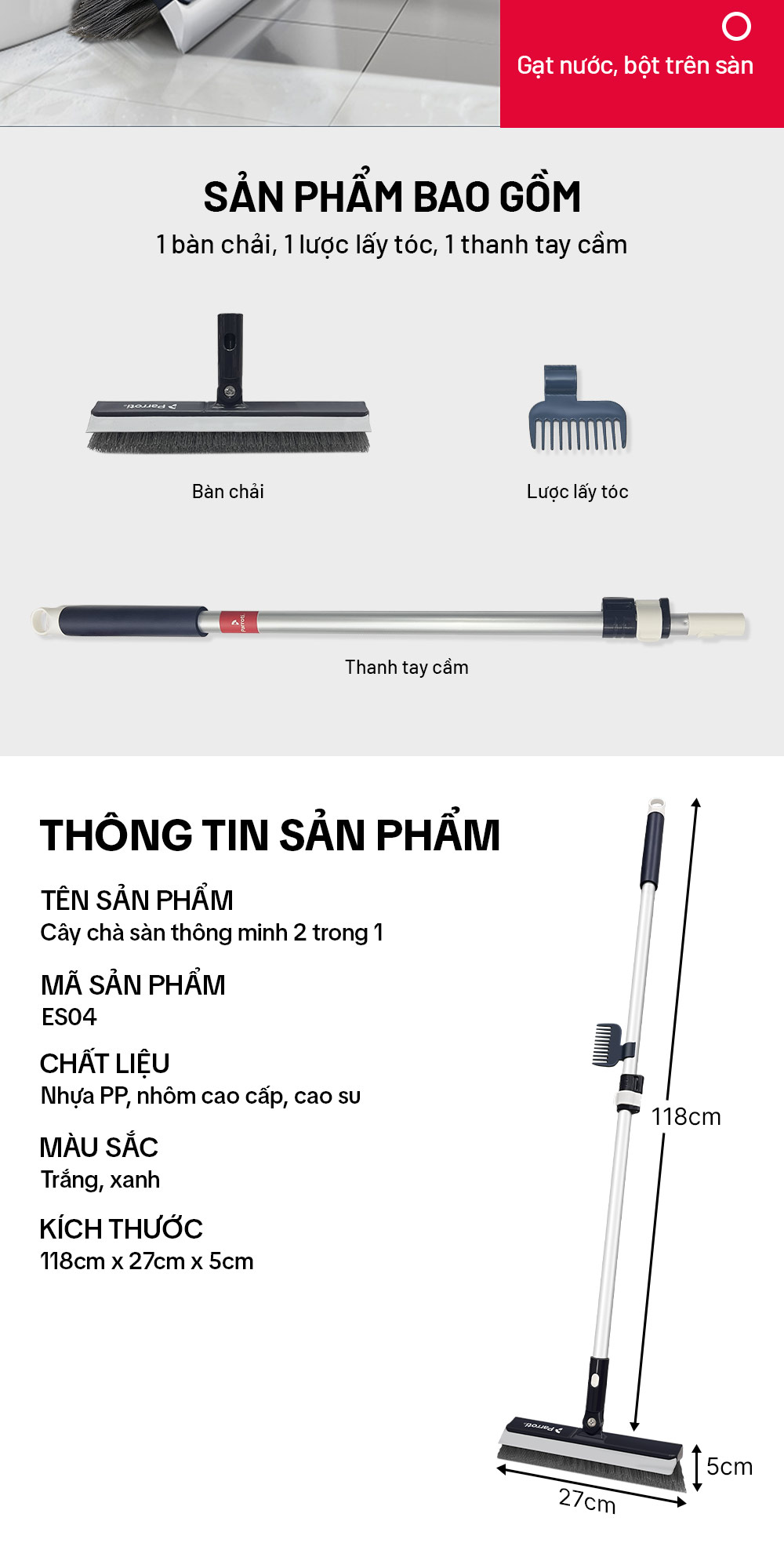 Các thành phần của cây chà sàn Parroti Easy ES04