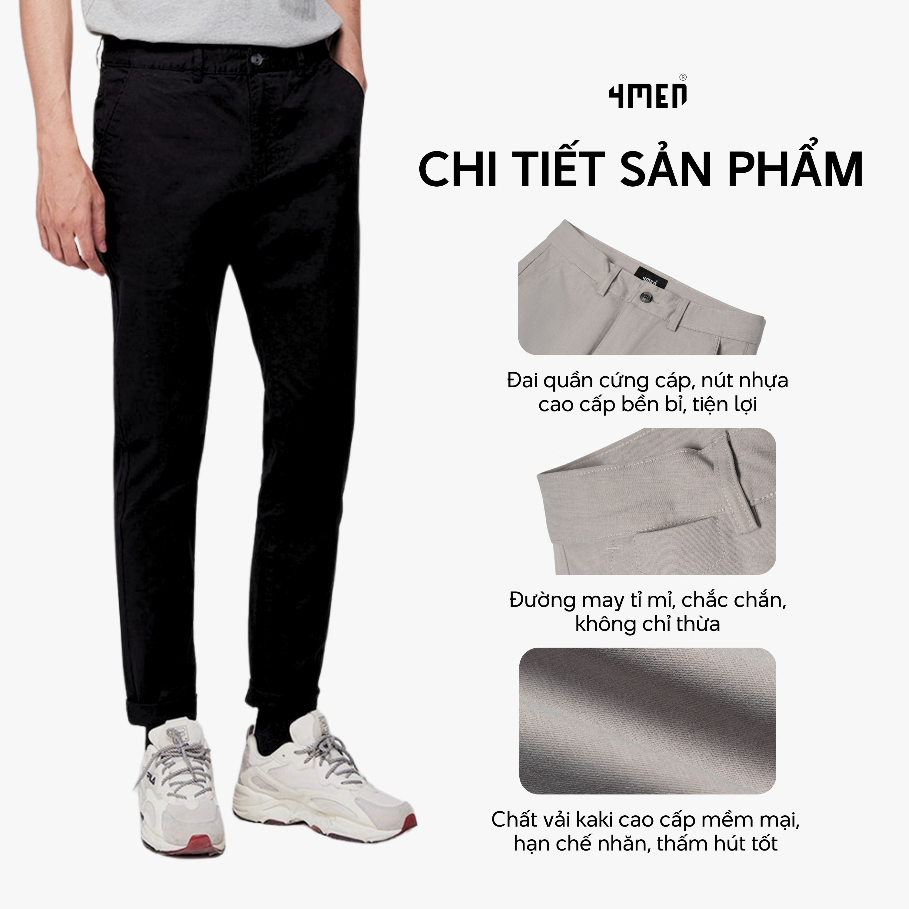 Mô tả Quần kaki dài nam trơn 4MEN QK018 form slimfit ôm tôn dáng, vải mềm mại, co giãn tốt, trẻ trung - 2