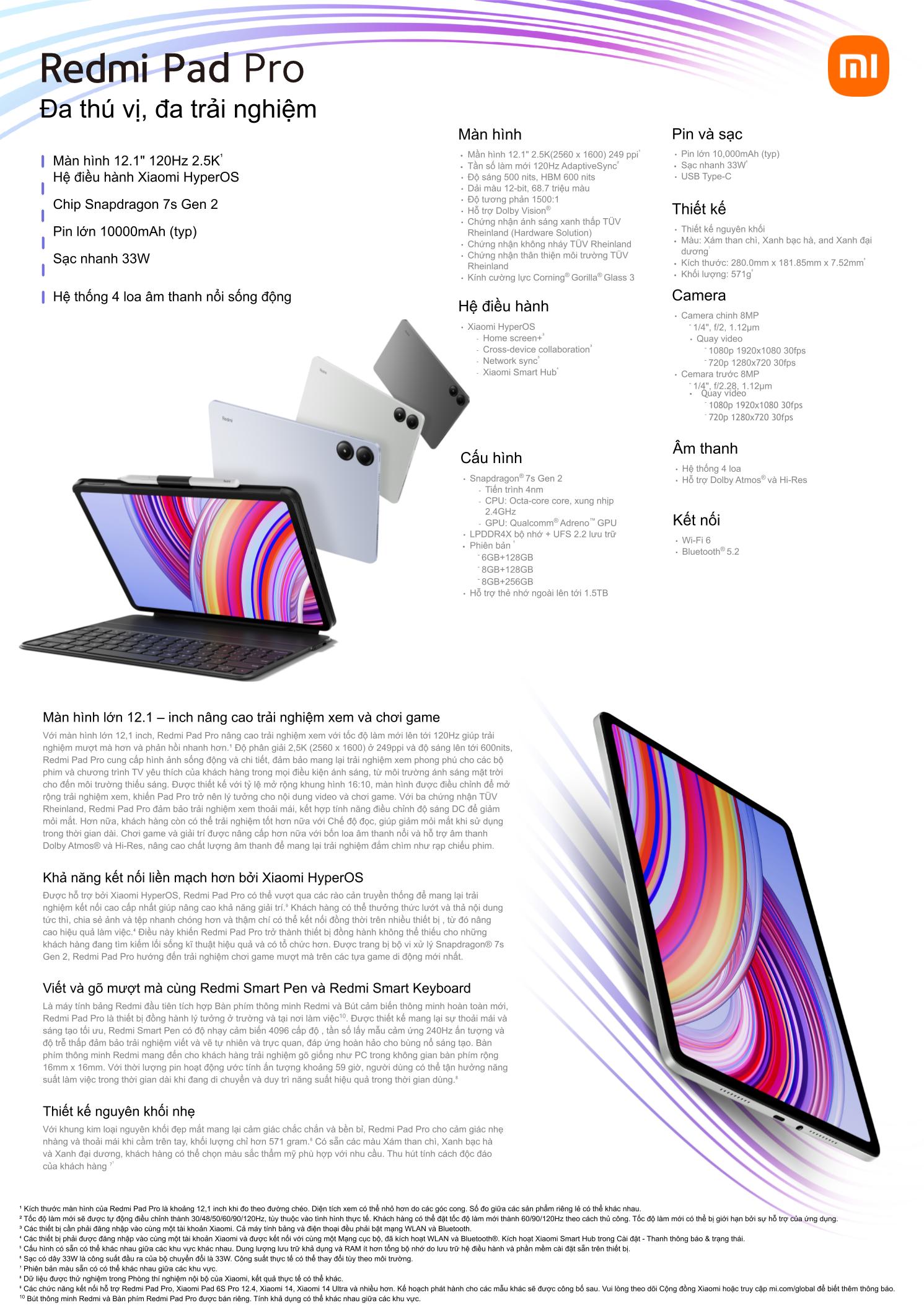 Mô tả Máy tính bảng Redmi Pad Pro (8+128GB) | Màn hình 12,1" 120Hz 2,5K | SD 7sGen2 | Pin 10000mAh - 1