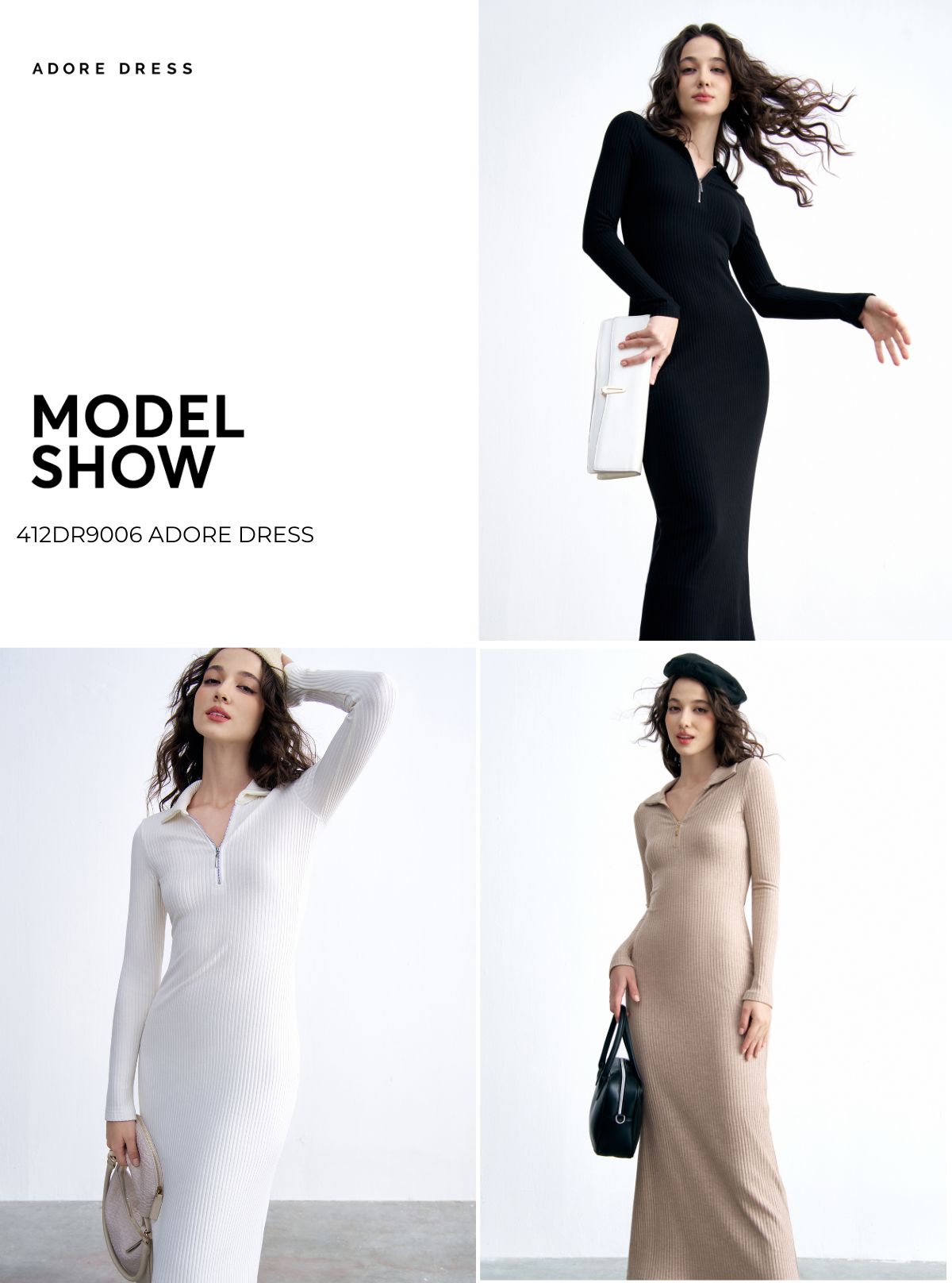 Mô tả 412DR9006 - Đầm len cổ polo len tăm nâu be/đen/ trắng ADORE DRESS - 1