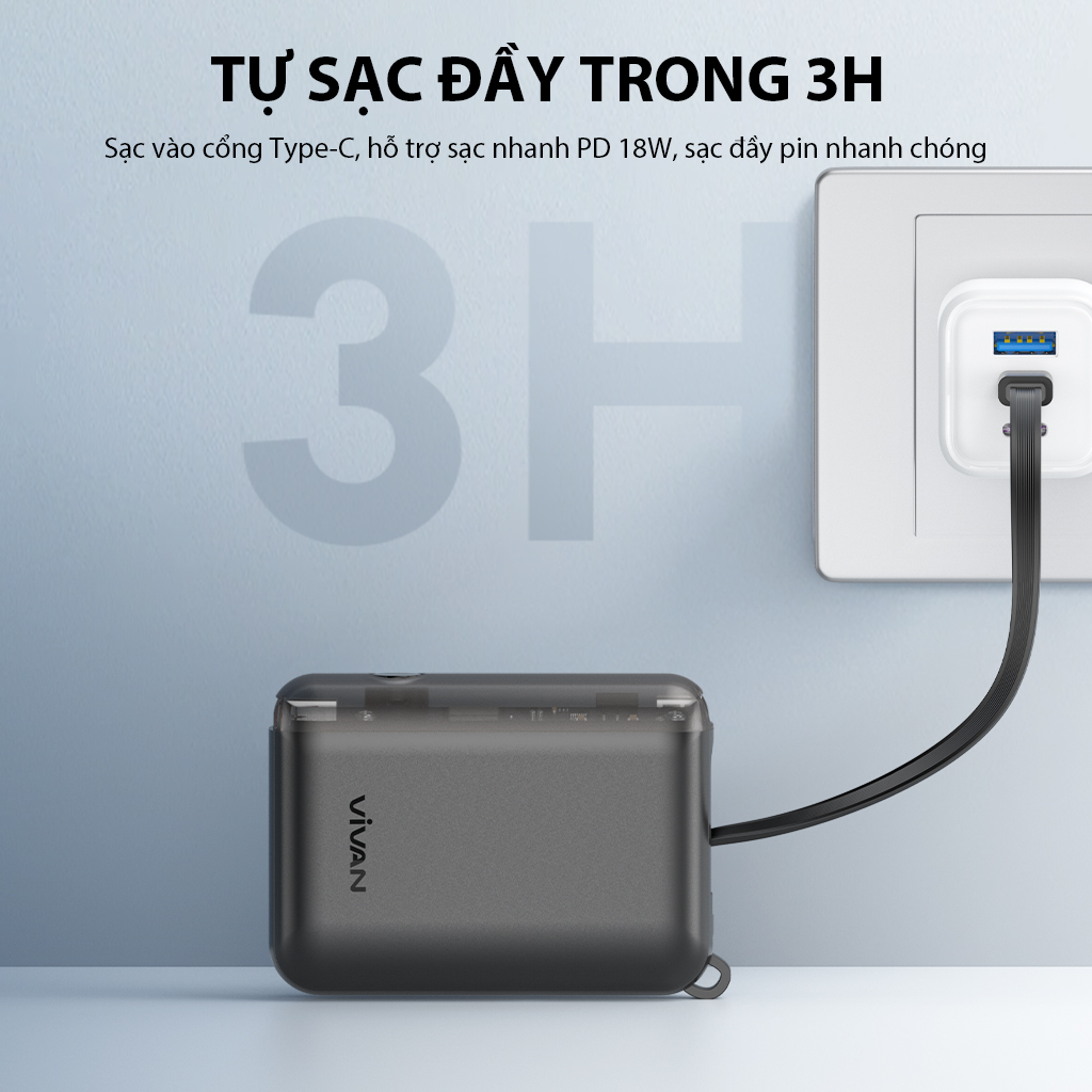Mô tả Pin dự phòng mini VIVAN VPB-Q10 9600mAh tích hợp cáp - 5