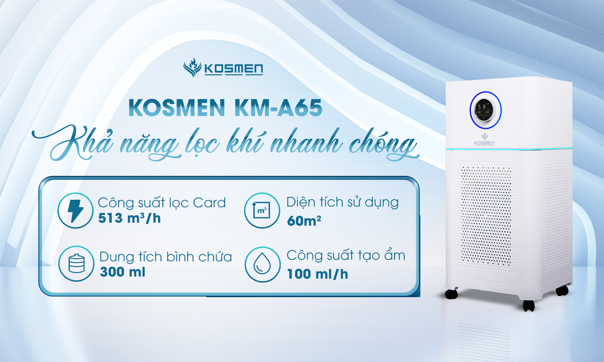Mô tả Máy Lọc Không Khí Kosmen KM-A65 Lọc Bằng Ion âm - Hàng Chính Hãng BH 24 Tháng - 2