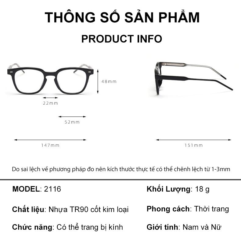 Mô tả Gọng kính cận thời trang nam nữ ANDU EYEWEAR dáng vuông KUBO chất liệu nhựa cốt kim loại 2116 - 2
