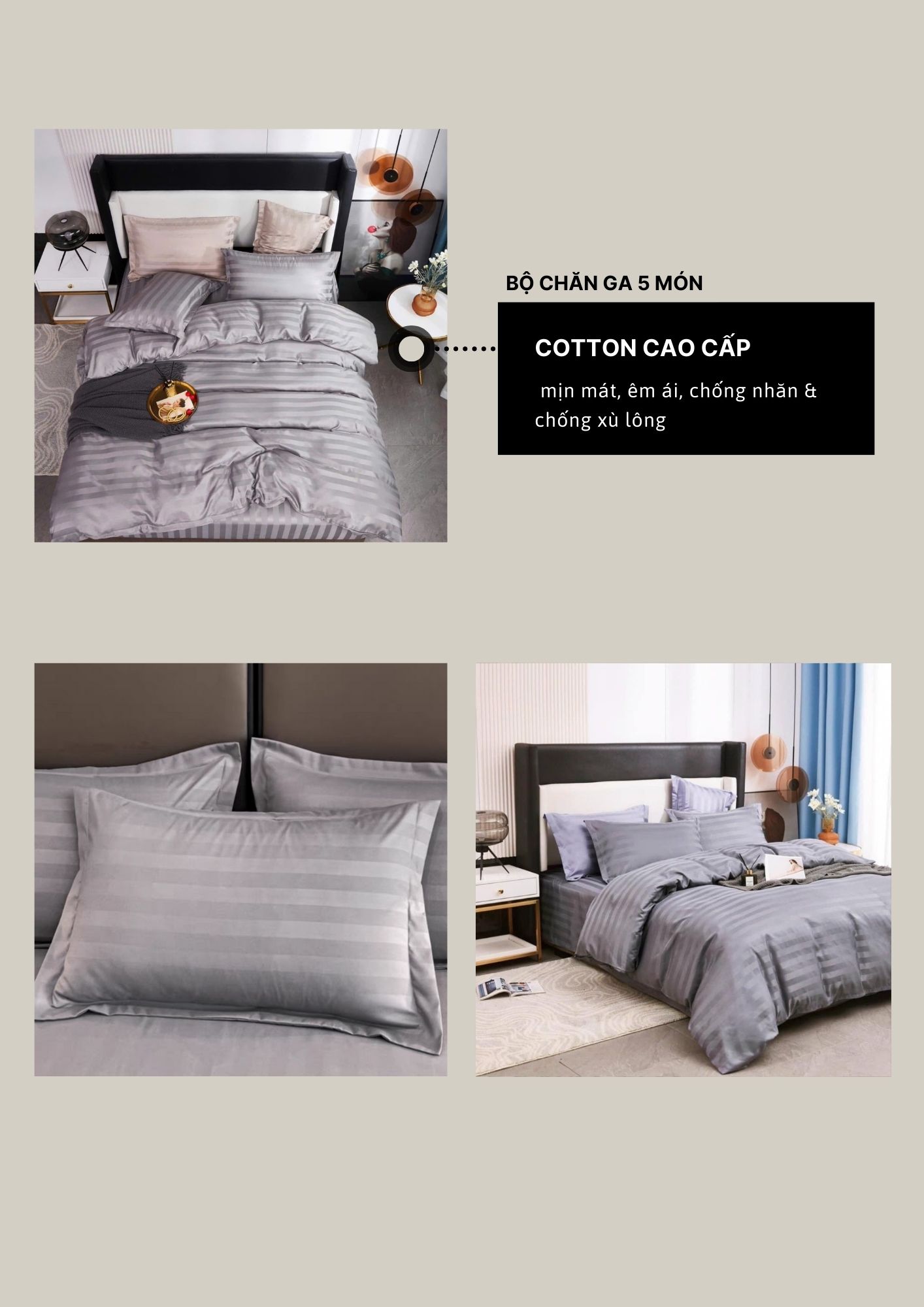 Mô tả Bộ Ga Giường 5 Món He thong NEM Cao Cấp Set Bộ Vỏ Chăn Ga Gối Nệm Đệm 5 Món Vải Cotton Trải Giường Chuẩn Khách Sạn - 3