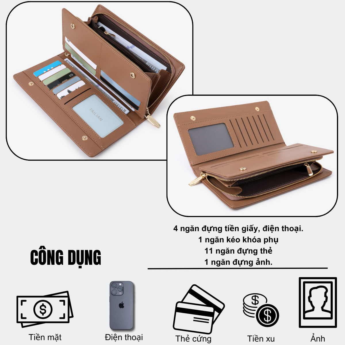 Mô tả Ví Dài Cầm Tay Nữ Chính Hãng TAILIAN Đựng Tiền Điện Thoại Nhiều Ngăn Da Cao Cấp Cực Đẹp TL88-Tukado - 2