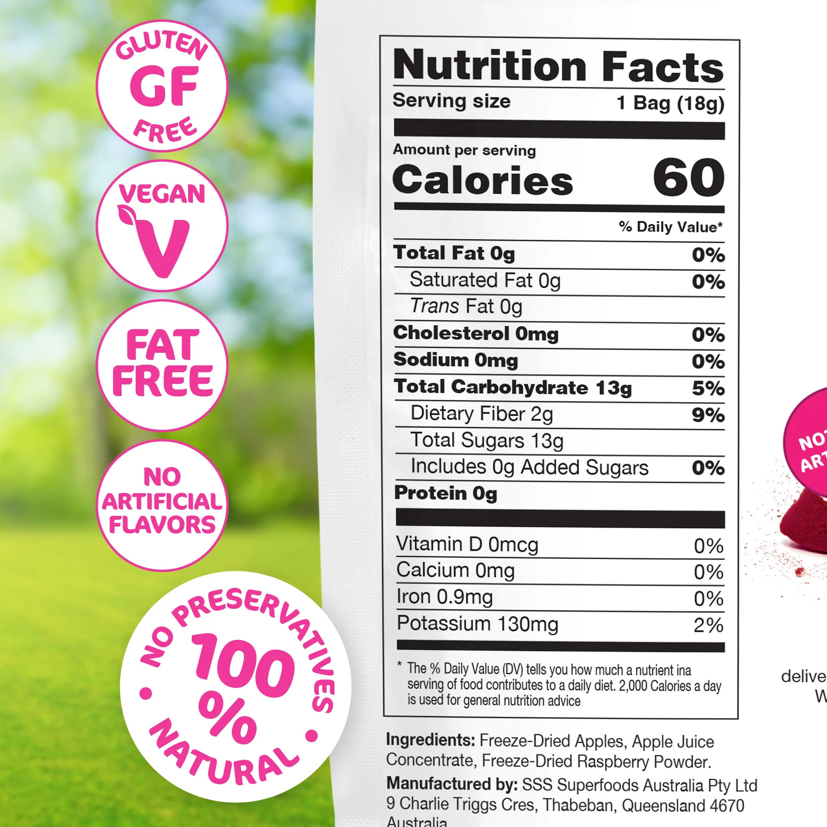Mô tả Táo sấy giòn vị mâm xôi Gina’s Table Úc 18g - Bổ sung vitamin C - Ăn vặt văn phòng - Trái cây sấy Úc - 1