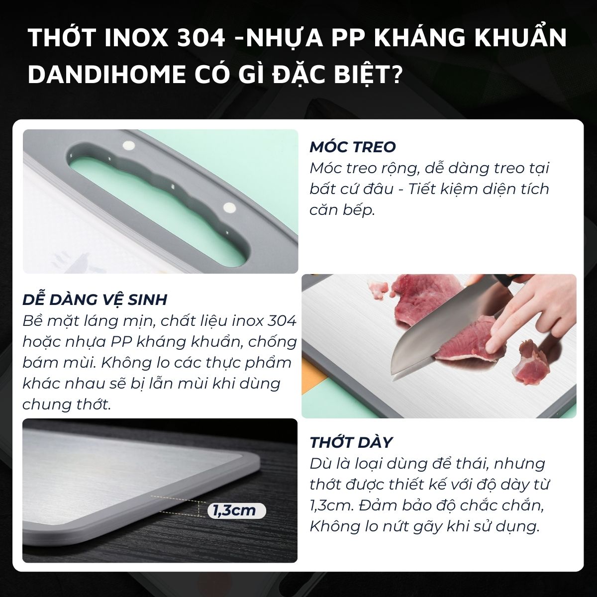 Mô tả Thớt inox 304 và nhựa kháng khuẩn DandiHome cao cấp hai mặt - Hàng chính hãng - 4