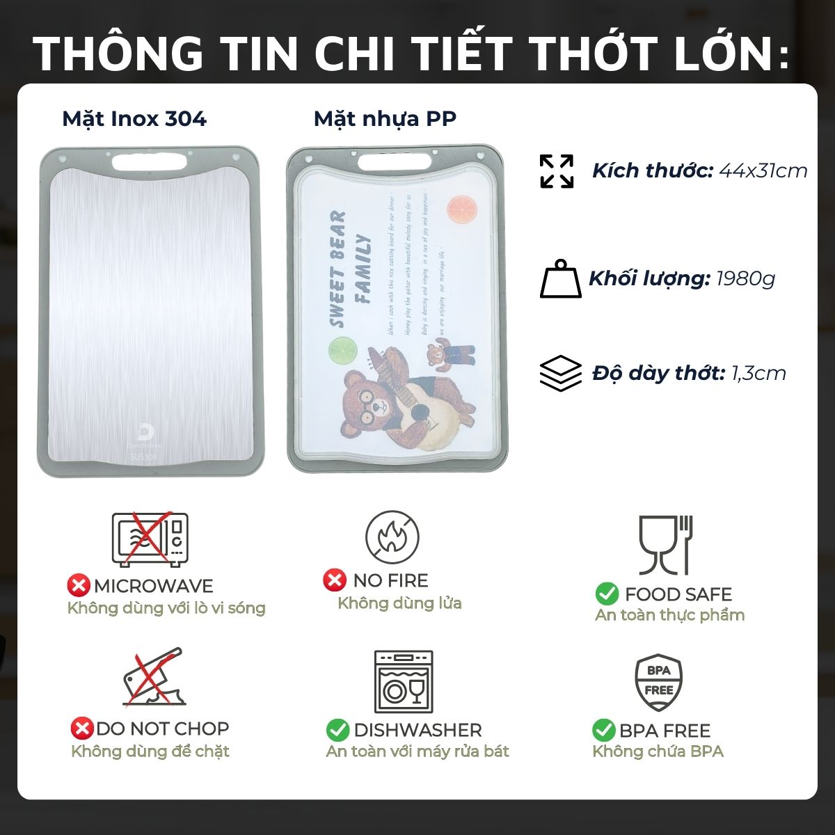 Mô tả Thớt inox 304 và nhựa kháng khuẩn DandiHome cao cấp hai mặt - Hàng chính hãng - 2