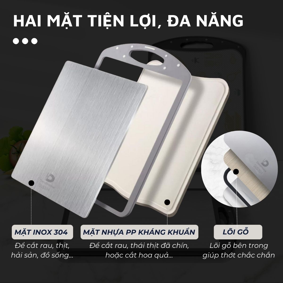 Mô tả Thớt inox 304 và nhựa kháng khuẩn DandiHome cao cấp hai mặt - Hàng chính hãng - 5