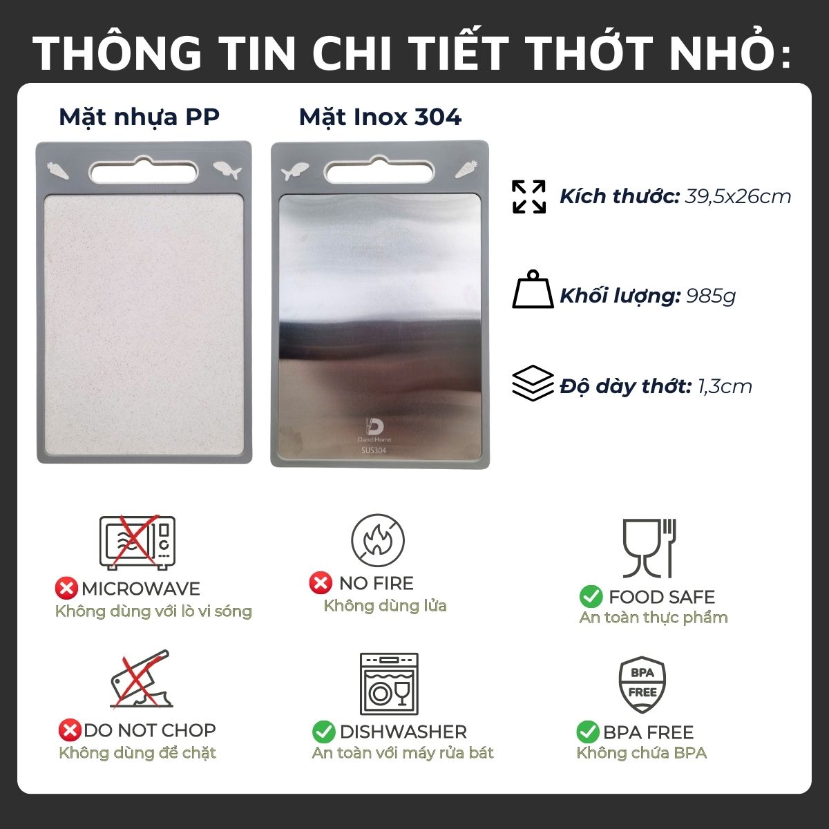 Mô tả Thớt inox 304 và nhựa kháng khuẩn DandiHome cao cấp hai mặt - Hàng chính hãng - 3