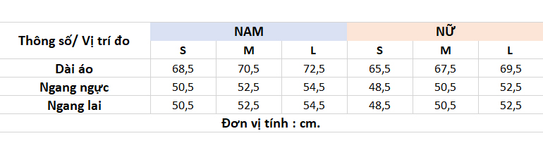 Bảng size áo nam nữ Couple TX