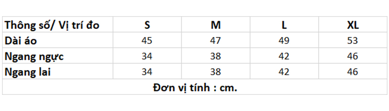 Bảng size áo trẻ em Couple TX