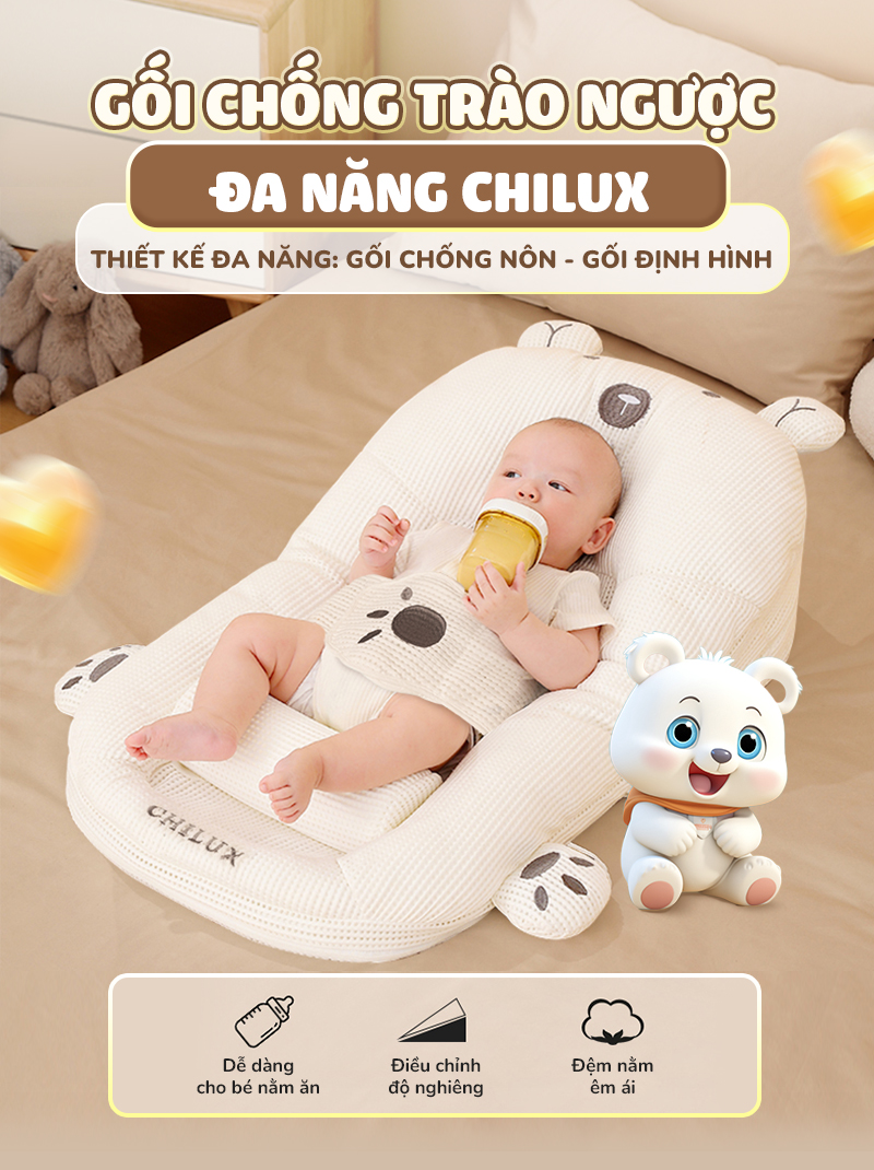 Mô tả Gối chống trào ngược cho bé gấu trắng Chilux - Thiết kế 3 nấc nghiêng tuỳ chỉnh, gối định hình - 1