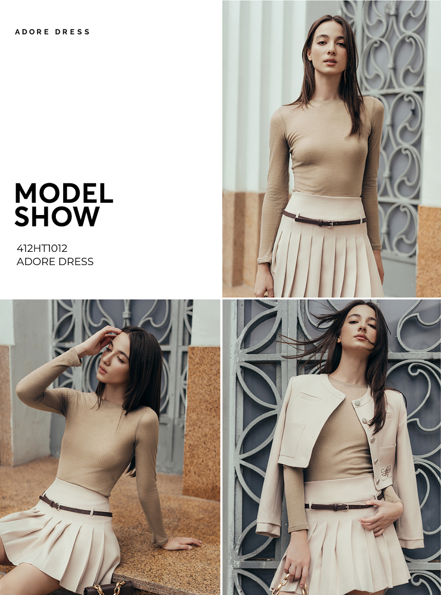 Mô tả 412HT1012 - Áo dài tay thiết kế mỏng thun tăm kem/ nâu xám/ đen ADORE DRESS - 1