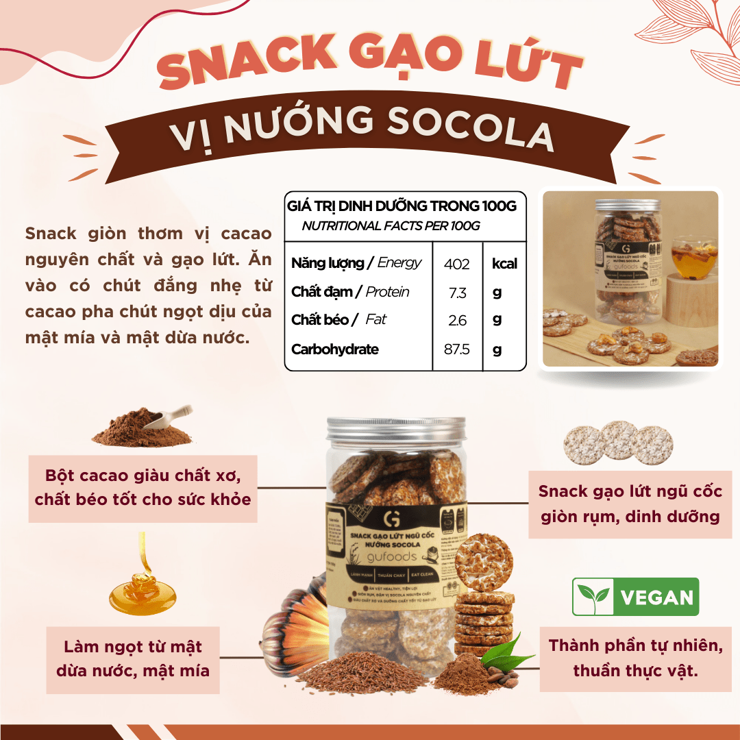 Mô tả Snack gạo lứt ngũ cốc nướng socola GUfoods (Hũ 100g) - Giòn rụm, Thơm ngon, Ăn vặt healthy, Eat clean, Thuần chay - 2