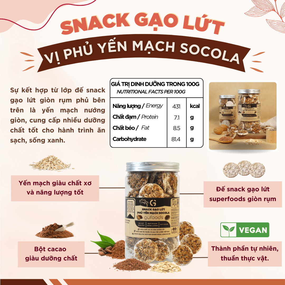 Mô tả Snack gạo lứt ngũ cốc nướng socola GUfoods (Hũ 100g) - Giòn rụm, Thơm ngon, Ăn vặt healthy, Eat clean, Thuần chay - 8