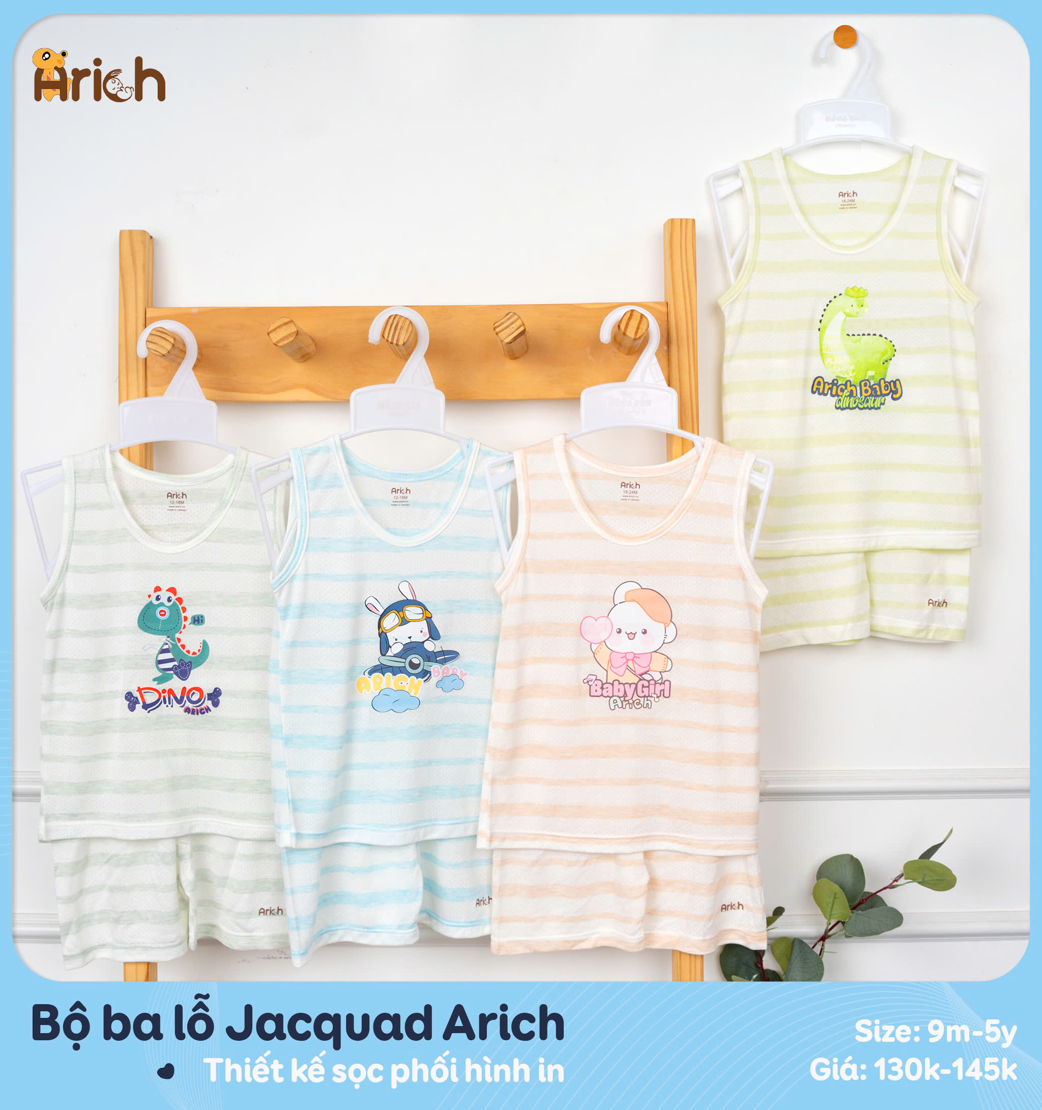 Mô tả Bộ ba lỗ trẻ em mùa hè arich , vải sợi tre thông hơi, mát , rất mát,size 9M đến 5 tuổi - 2