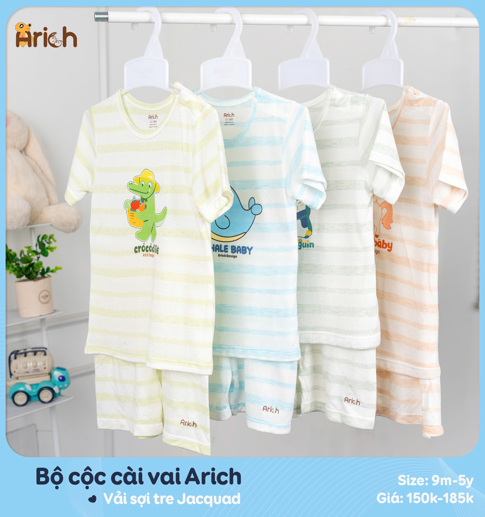 Mô tả Bộ cộc tay cài vai arich, vải sợi tre thông hơi, mát , rất mát, size 9M đến 5 tuổi - 1