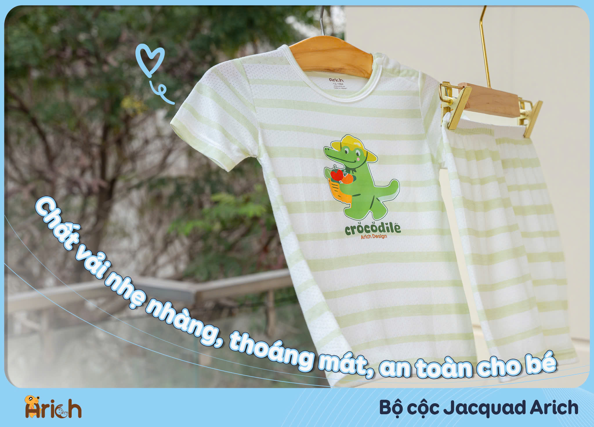 Mô tả Bộ cộc tay cài vai arich, vải sợi tre thông hơi, mát , rất mát, size 9M đến 5 tuổi - 2
