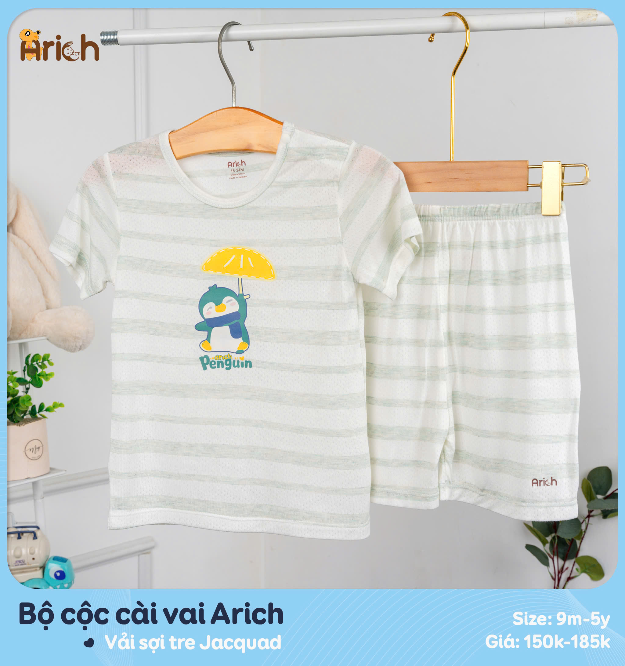 Mô tả Bộ cộc tay cài vai arich, vải sợi tre thông hơi, mát , rất mát, size 9M đến 5 tuổi - 3