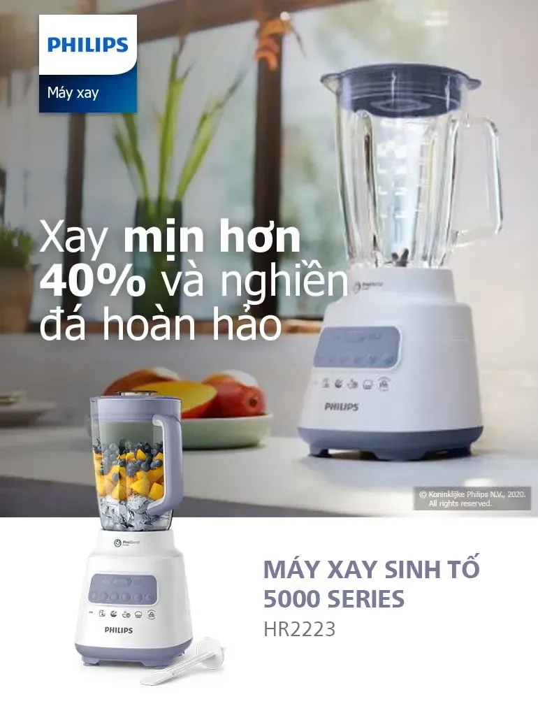 Mô tả Máy xay sinh tố Philips HR2223 HR2223/00 bộ 3 cối xay nhựa, 5 chế độ cài đặt sẵn, nghiền mịn đá - Hàng chính hãng - 1
