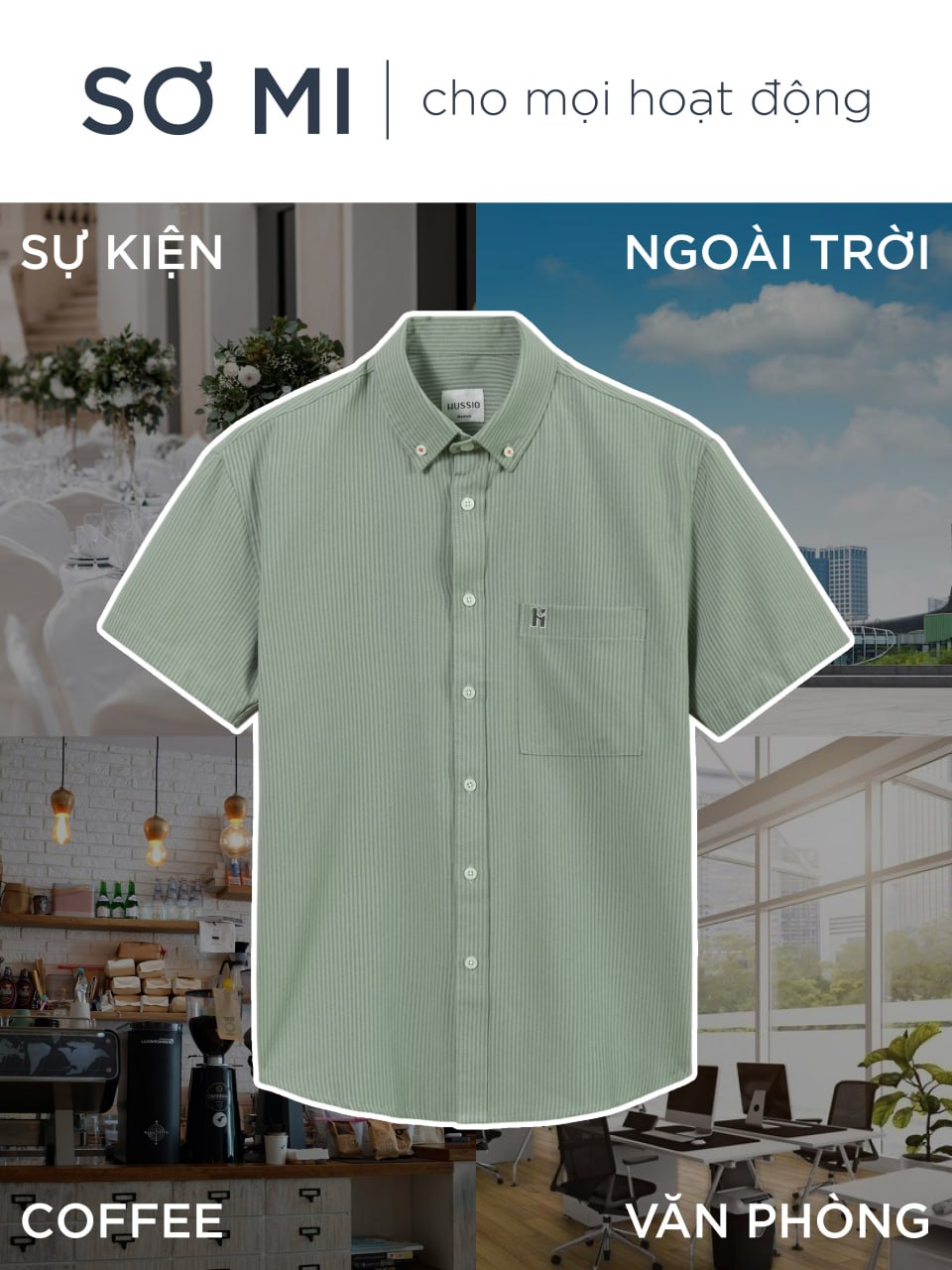 Mô tả Áo sơ mi sọc nam tay ngắn LOGO H SEASON 2 vải Oxford cao cấp, sang trọng, thanh lịch - HUSSIO - 5