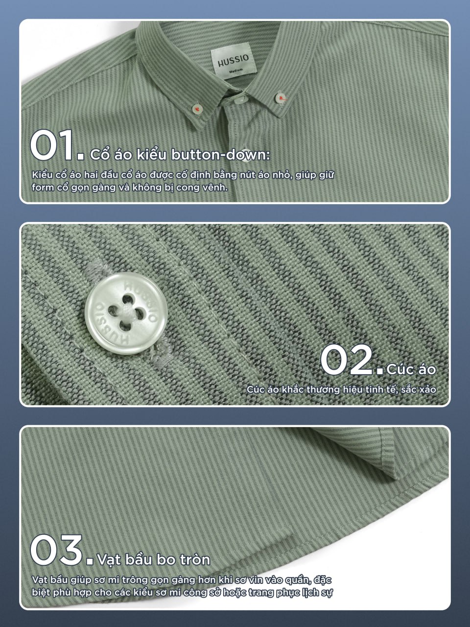 Mô tả Áo sơ mi sọc nam tay ngắn LOGO H SEASON 2 vải Oxford cao cấp, sang trọng, thanh lịch - HUSSIO - 6
