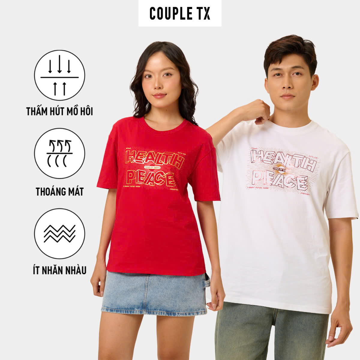 Mô tả Áo Thun Tết 2025 Couple TX Tết 2025 In Kim Tuyến Chữ Health And Peace Vải Cotton Form Regular TS 439 - 1
