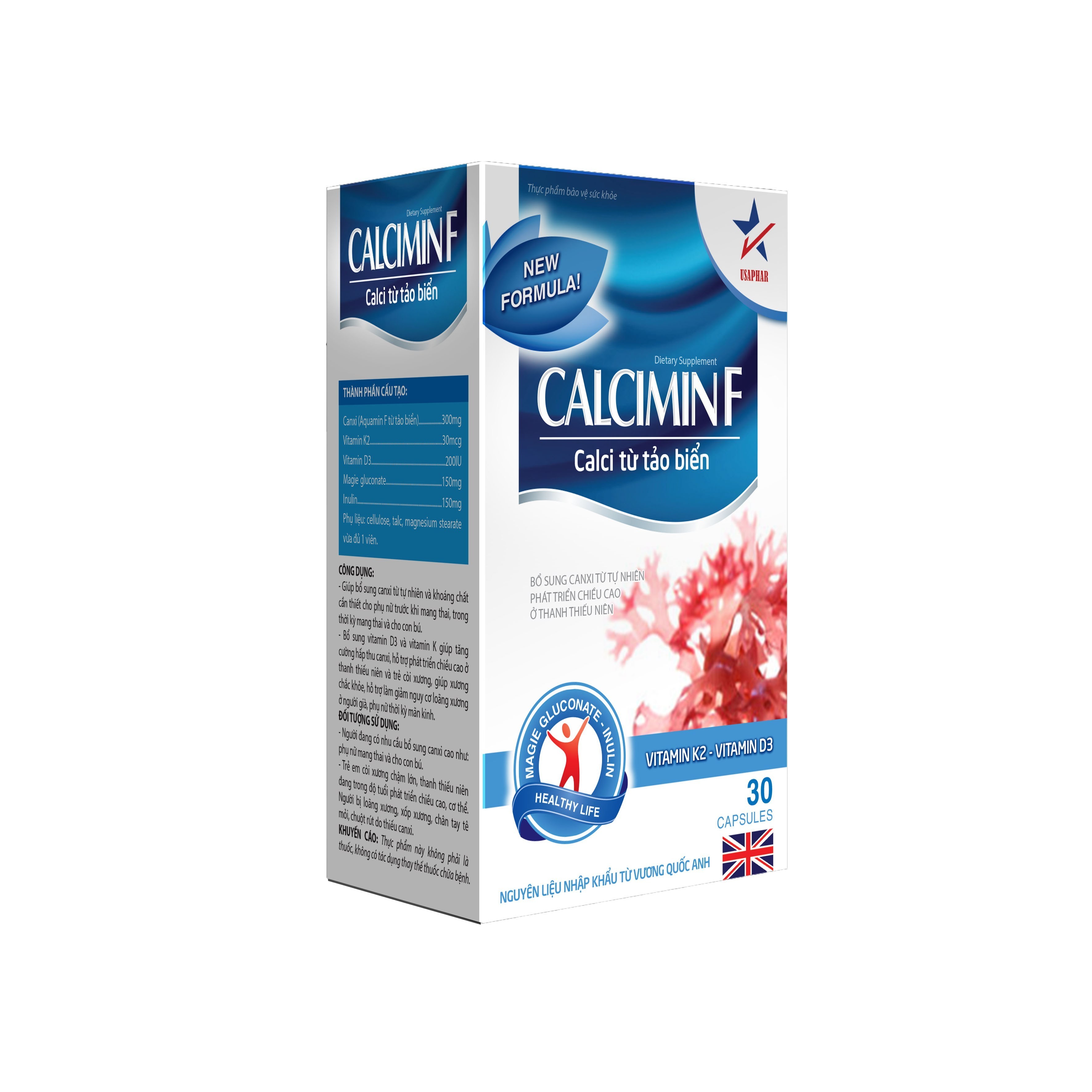Canxi hữu cơ tảo biên CalciminF + D3K2 giúp chắc khỏe xương - hộp 30 ...