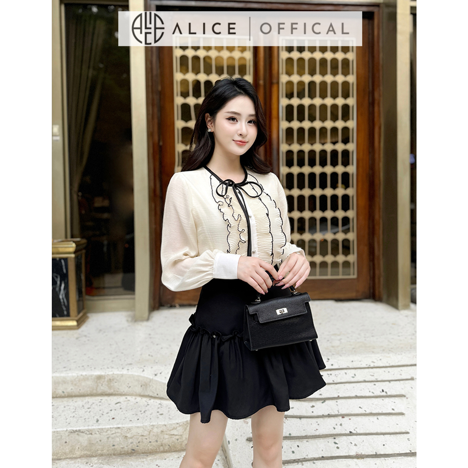 Mô tả Set Váy Nữ Tiểu Thư Chất Tơ Crep Mềm Mại Alice, Áo Dài Tay Bồng Nhẹ Cổ Phối Bèo Dọc Kèm Chân Váy Chéo Rubi S788 - 5