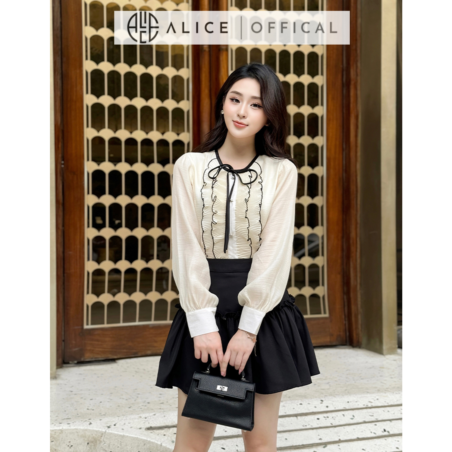 Mô tả Set Váy Nữ Tiểu Thư Chất Tơ Crep Mềm Mại Alice, Áo Dài Tay Bồng Nhẹ Cổ Phối Bèo Dọc Kèm Chân Váy Chéo Rubi S788 - 2